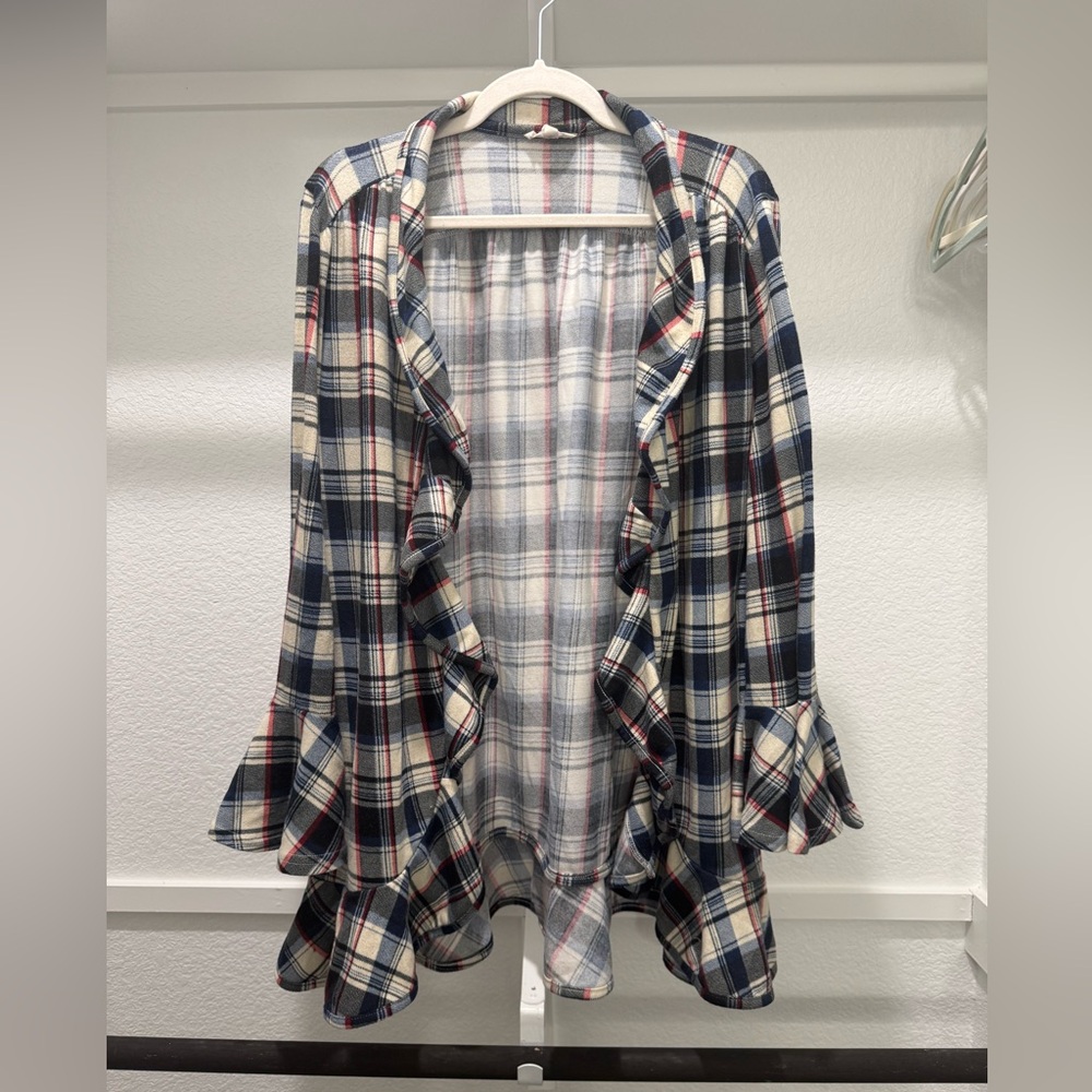 Entro Plaid Ruffle Open Front Cardigan - M